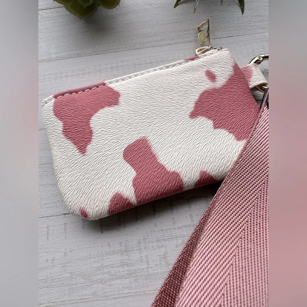 Pink Cow Print Card Case Pouch w/Removable Wrist Strap